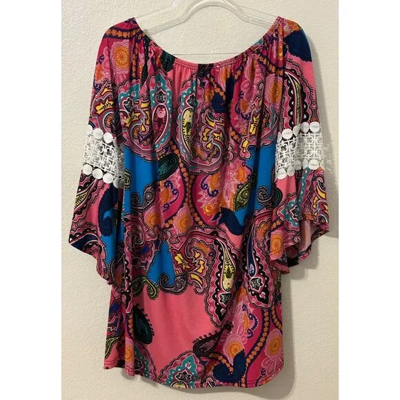 Win Win Women’s Paisley Print Tunic w/ Lace Bell Pinwheel Sleeves L-XL Pink Blue - Picture 2 of 6